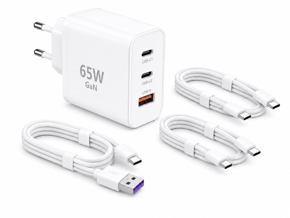 Vastiq Power® 3-in-1 65W GaN Snellader Set - USB-C Oplader Adapter - 2x USB-C PD + 1x USB-A - Inclusief 3x 2 meter 65W kabel - Wit