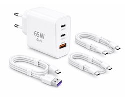 Vastiq Power® 3-in-1 65W GaN Snellader Set - USB-C Oplader Adapter - 2x USB-C PD + 1x USB-A - Inclusief 3x 2 meter 65W kabel - Wit