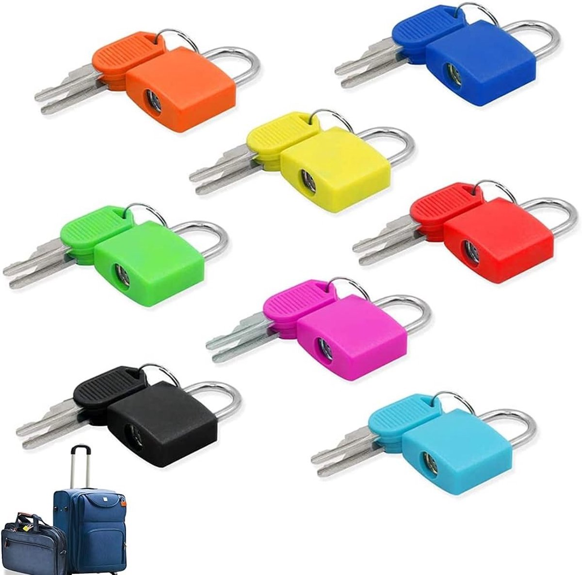 VVGoods - Set van 8 kleine hangsloten voor koffers en kasten - Mini reisbagagesloten in kunststof met sleutel