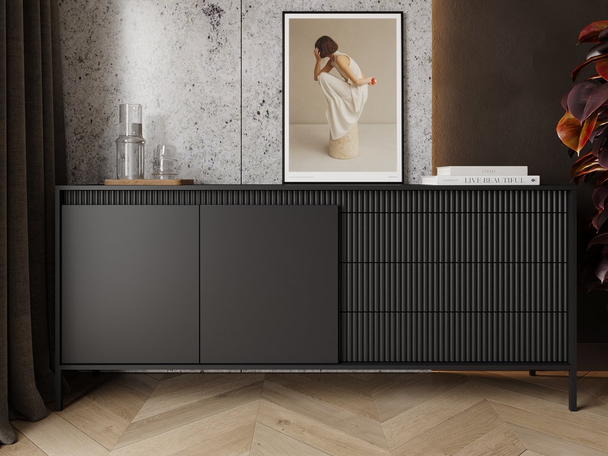 GrainGold – Dressoir Sorano – Mat zwart - Met Deuren en Lades - Moderne Opbergruimte - 187 cm