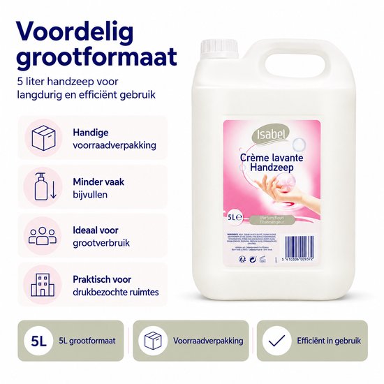 Isabel Crème lavante Handzeep 5L, voordeelverpakking. Handig voorraadverpakking en efficiënt in gebruik.
