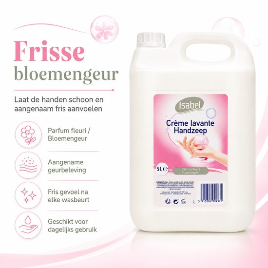 Isabel Crème lavante Handzeep 5L, met bloemengeur. Laat handen schoon en fris aanvoelen.