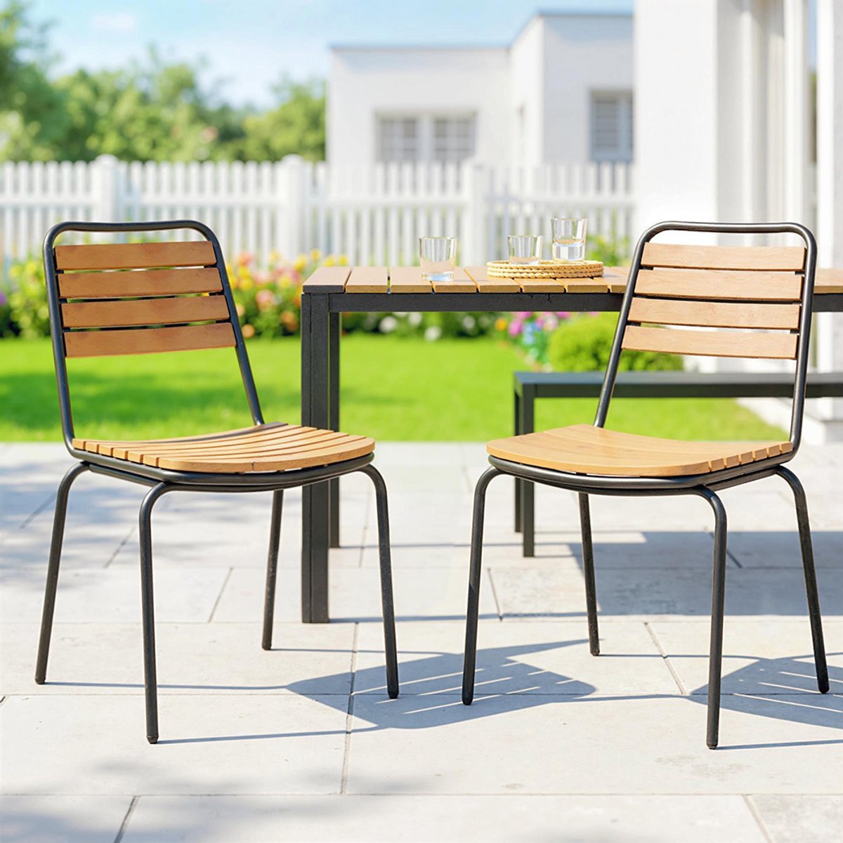 Pugsdrly Tuinstoel 2-delige set, weerbestendige tuinstoelen van staal en hout, stapelstoel met rugleuning, belastbaar tot 160 kg, natuurlijk hout
