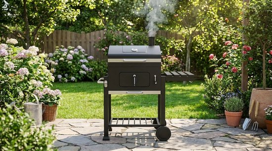 Houtskool Barbecue Grillwagen met Deksel en Thermometer - House&Garden Toronto Elite BBQ - Grote Kolenbarbecue met Verstelbaar Grillrooster, Opklapbare Zijtafel, Warmhoudrek en Wielen - BBQ voor Tuin, Balkon & Terras 56x41,5 cm — afbeelding 2