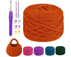 285g/80m T-Shirt Garengaren voor Beginners, 5mm Haaknaald en Markeerknop, Ideaal voor Tassen, Poppen en Kussens, Oranje Haakgaren