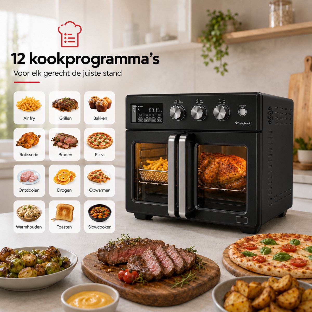 TurboTronic AFD32 Airfryer XXL en Oven – 12 Kookprogramma's – Vrijstaande Mini Oven – Instelbaar van 25 tot 230°C - 32L - Zwart – foto 5
