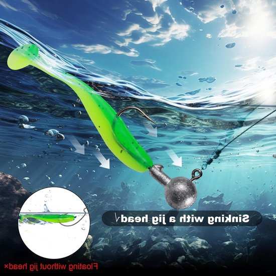 58 Stuks Rubber Vissen Jigkoppen in 6 Maten voor Zoet- en Zoutwater, Ideaal voor Baars en Andere Vissen met Realistische Softbaits — afbeelding 3