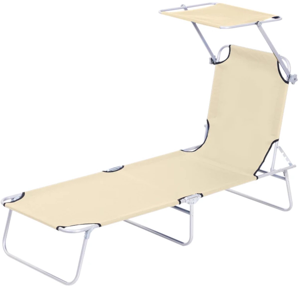 Ligbed met Zonnescherm - Opvouwbaar - Ligstoel met 4-Voudig Verstelbare Rugleuning - Tuinstoel - Wellnessstoel - Strandstoel - Campingligstoel - tot 120 kg - Zonnebed - Relaxstoel voor Tuin, Terras, Zwembad & Balkon - Beige