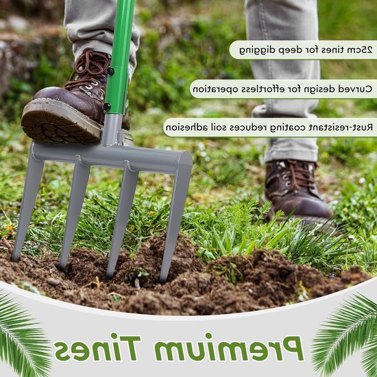 Grave fork voor harde en stenige grond, 31 x 107,5 cm, 4-tandige spade van hoog-mangaanstaal met 25 cm zinklengte en inclusief handschoenen voor tuinieren — afbeelding 4