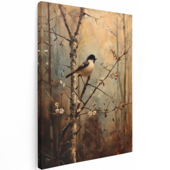 Canvas schilderij van een vogel op een tak, met bomen op de achtergrond.