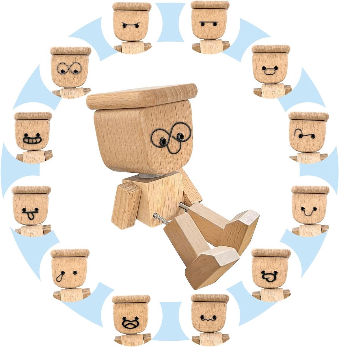 Beweegbare Houten Dashboardfiguur met Magnetische Ornamenten en 12 Verwisselbare Gezichtsuitdrukkingen voor Auto Decoratie en Speelgoed