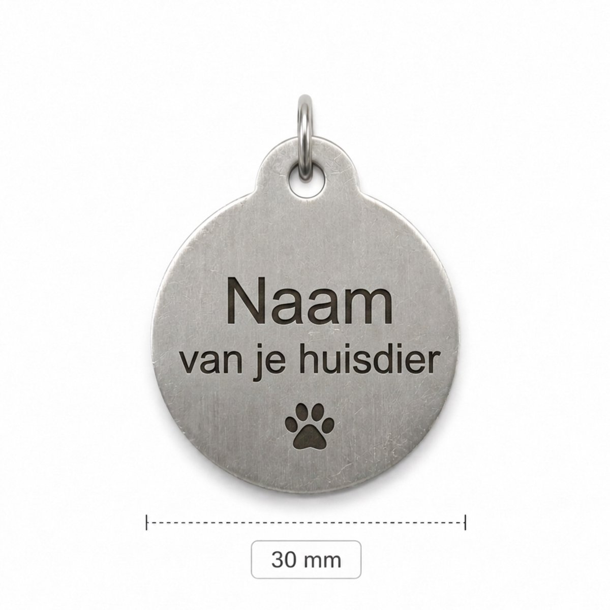 Gepersonaliseerde Aluminium Dierenpenning / Naamplaatje voor Huisdier – Hondenpenning en Kattenpenning met Naam, Telefoonnummer en Adres – Ronde Penning 30 mm met Dubbelzijdige Gravure – Zilverkleurig met Pootje