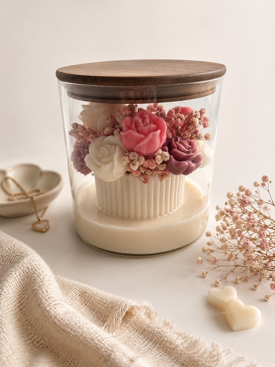 Lumen and Lux Candles Lumen & Lux Exclusieve Kaars in Glas (pot) - met roos en wit pioenrozen - rozen - Handgemaakte Sfeerkaars -Luxe Woondecoratie & Bruiloft Cadeau Juffrouw crème / Ivoor