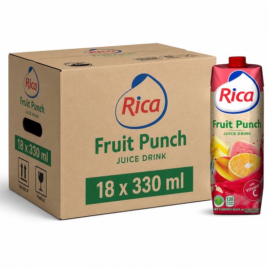 Een kartonnen doos met Rica Fruit Punch Juice Drink 18 x 330 ml, naast een enkele verpakking met tropisch fruit en Vitamine C.