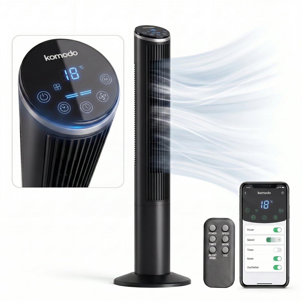Komodo Breezi Torenventilator met App & Afstandsbediening – 3 Snelheden – Timer 1–15 uur – Oscillatie – Stille Modus – LED Display – Zwart