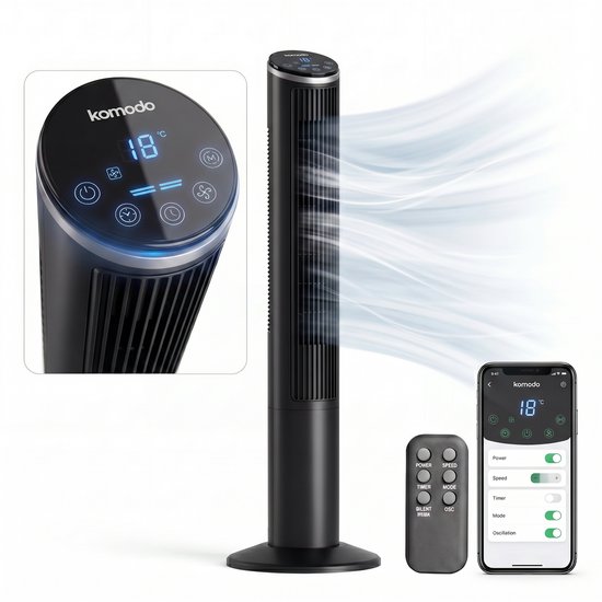 Torenventilator Komodo Breezi zwart – 3 snelheden, oscillatie, stille modus, timer tot 15 uur, LED display, app bediening
