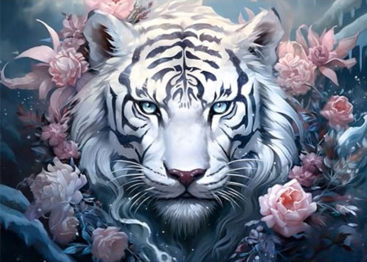 nr 225 Diamond Painting tijger bloemen 40x30cm (rond)