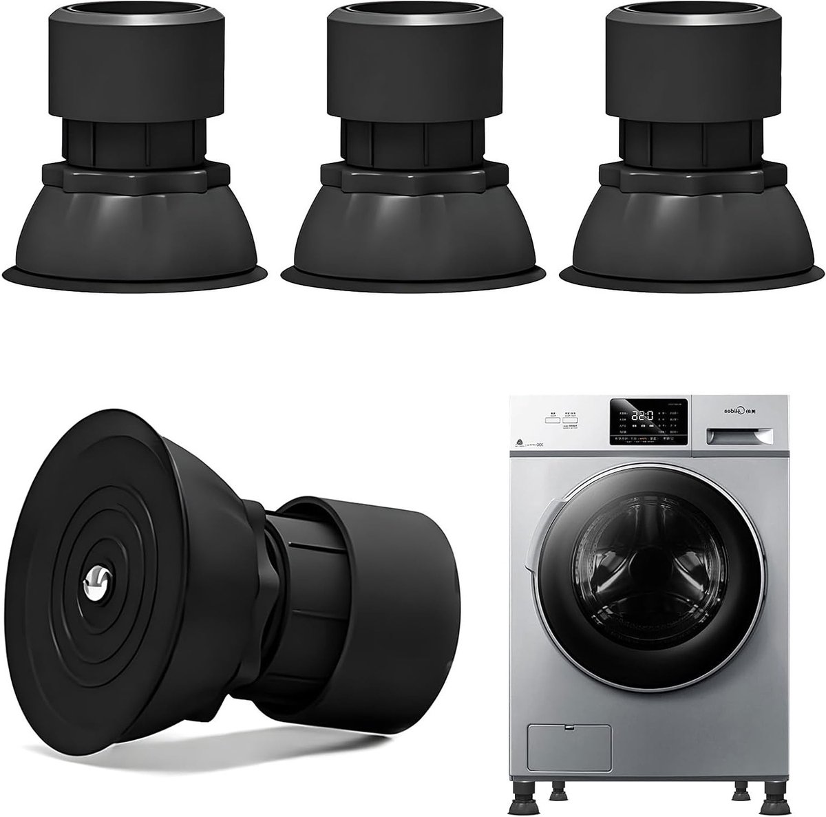 Universele trillingsdempers - 4 stuks, verstelbare anti-vibratievoeten voor wasmachines, drogers en meubels, hoogte 9,5-12,5 cm, zwart