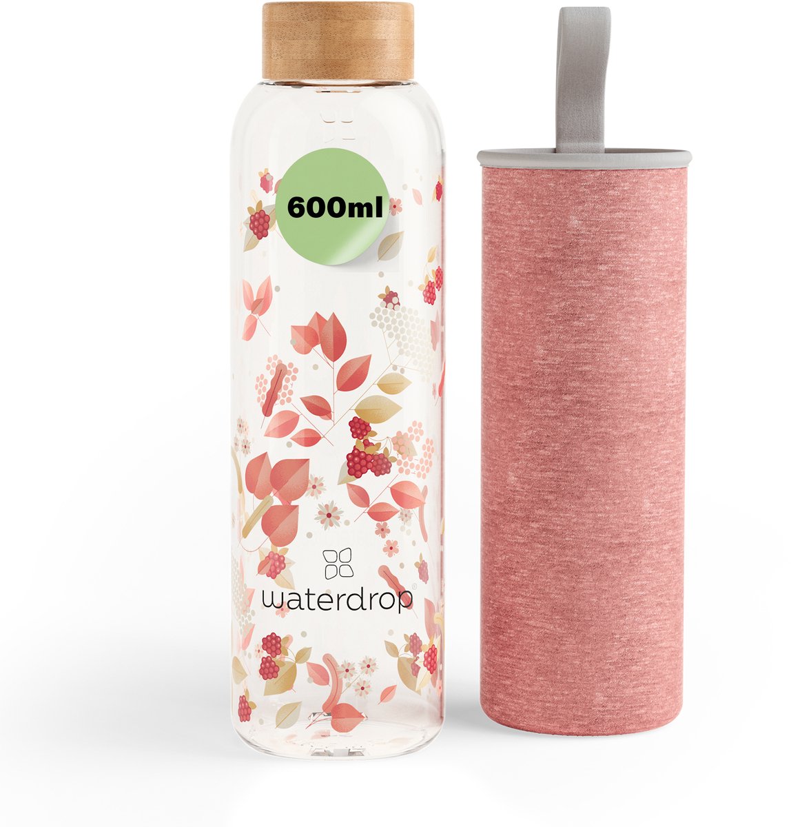waterdrop® Glazen Drinkfles 600 ml – Flair Melange – Duurzame & Sterke Waterfles van Borosilicaatglas – Met Neopreen Beschermhoes en Bamboe Dop - Perfect als cadeau
