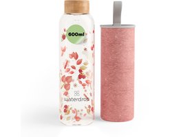 waterdrop® Glazen Drinkfles 600 ml – Flair Melange – Duurzame & Sterke Waterfles van Borosilicaatglas – Met Neopreen Beschermhoes en Bamboe Dop - Perfect als cadeau
