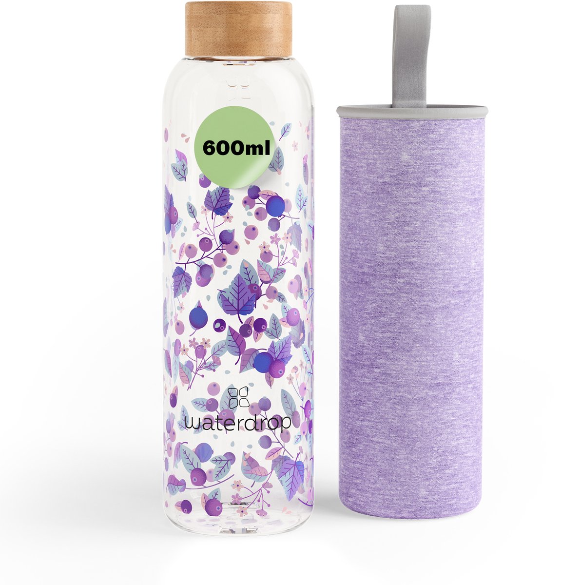 waterdrop® Glazen Drinkfles 600 ml – Boost Melange – Duurzame & Sterke Waterfles van Borosilicaatglas – Met Neopreen Beschermhoes en Bamboe Dop - Perfect als cadeau