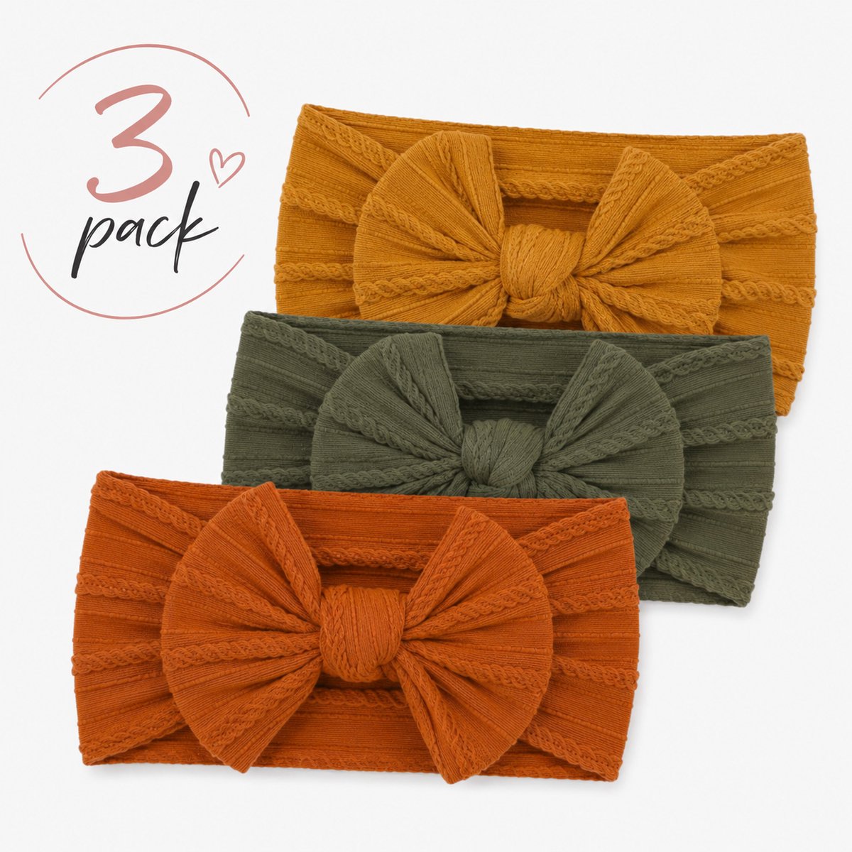 Haar in Stijl® Haarband Heidi 3 pack - Brede en zachte baby haarband met een strik wit roze zalm - meisjes haaraccessoire knoopje geribbelde design cadeauset