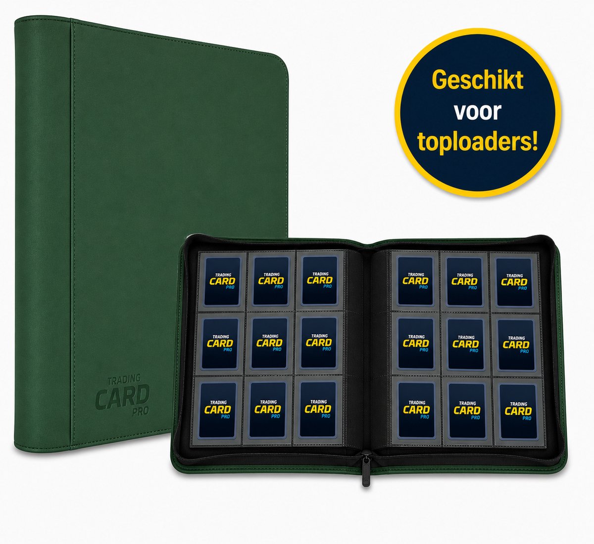 TradingCardPro® Toploader Verzamelmap met Ritssluiting - Geschikt voor Pokemon kaarten – 288 Kaarten – 18 pagina’s – 9 Pocket - Binder – Groen