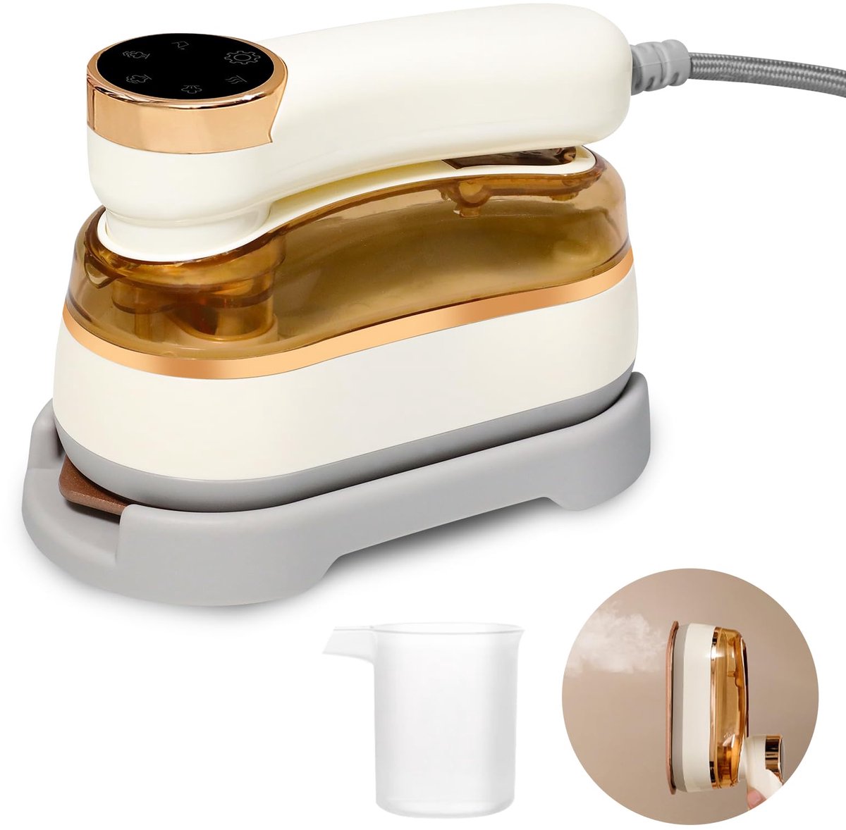 carmdering - Mini Stoomstrijkijzer - Opvouwbaar Strijkijzer - Reisstrijkijzer - Beige, 180 ml, 20 min stoom, 25 g/min - Keramische titanium plaat, 20 sec opwarmen - 360° strijken,防lek - 1200W - Perfect voor thuis en reis