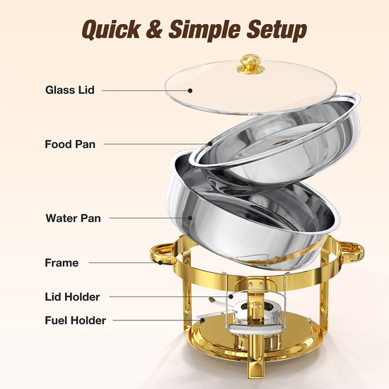 WARMOUNTS 4-delige Chafing Dish Set 6,15 L - Ronde RVS Buffet Warmhouders met Glazen Deksel voor Feest, Bruiloft & Catering - Goud — afbeelding 2