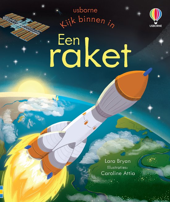 Voorpagina van een boek met de titel 'Een raket', met een raket die de aarde verlaat, zwevend in de ruimte met sterren.