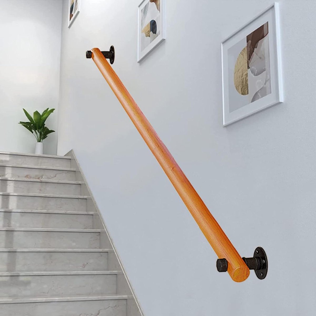Houten Trapleuning - Veiligheidsbeugel - Veilig Lopen - Stevige Metalen Beugels - 210 cm - Houtkleur