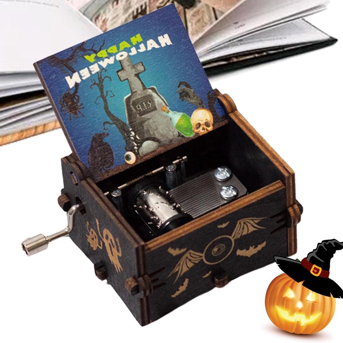 Muziekdoos met handslinger - Houten decoratie - Halloween sfeer - Klassiek pompoen design - 9x6x5 cm - Multicolor