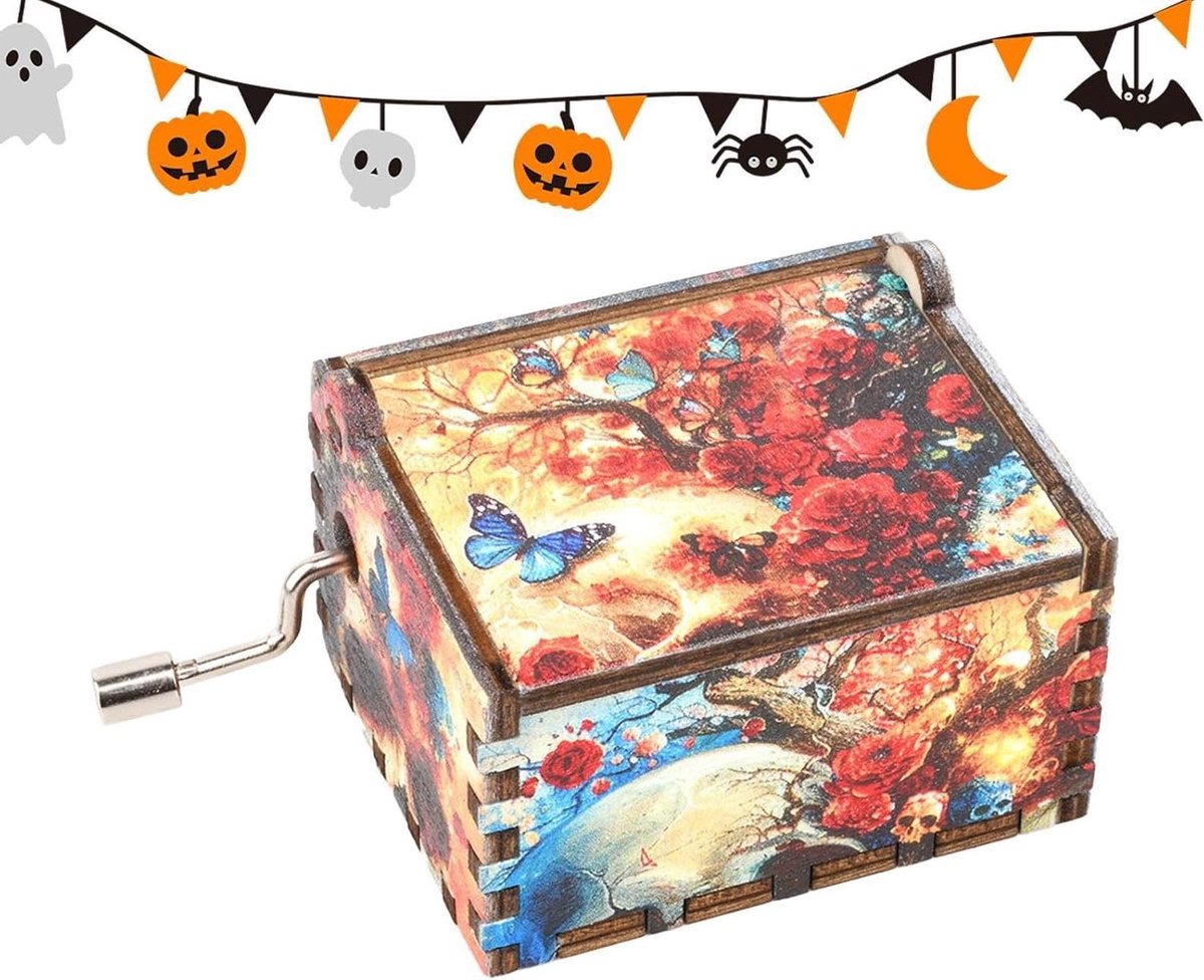 Muziekdoos Halloween - Houten Decoratie - Sfeervol Versieren - Handslinger Mechanisme - 10 cm Lengte - Houtkleur