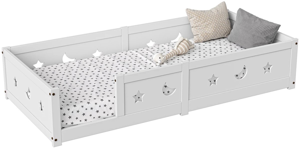 Velmio Montessori Bed - Kinderbed - Peuter Vloerbed - Grondbed - 90x200 cm - Massief Grenenhout - Met Uitvalbeveiliging - Wit