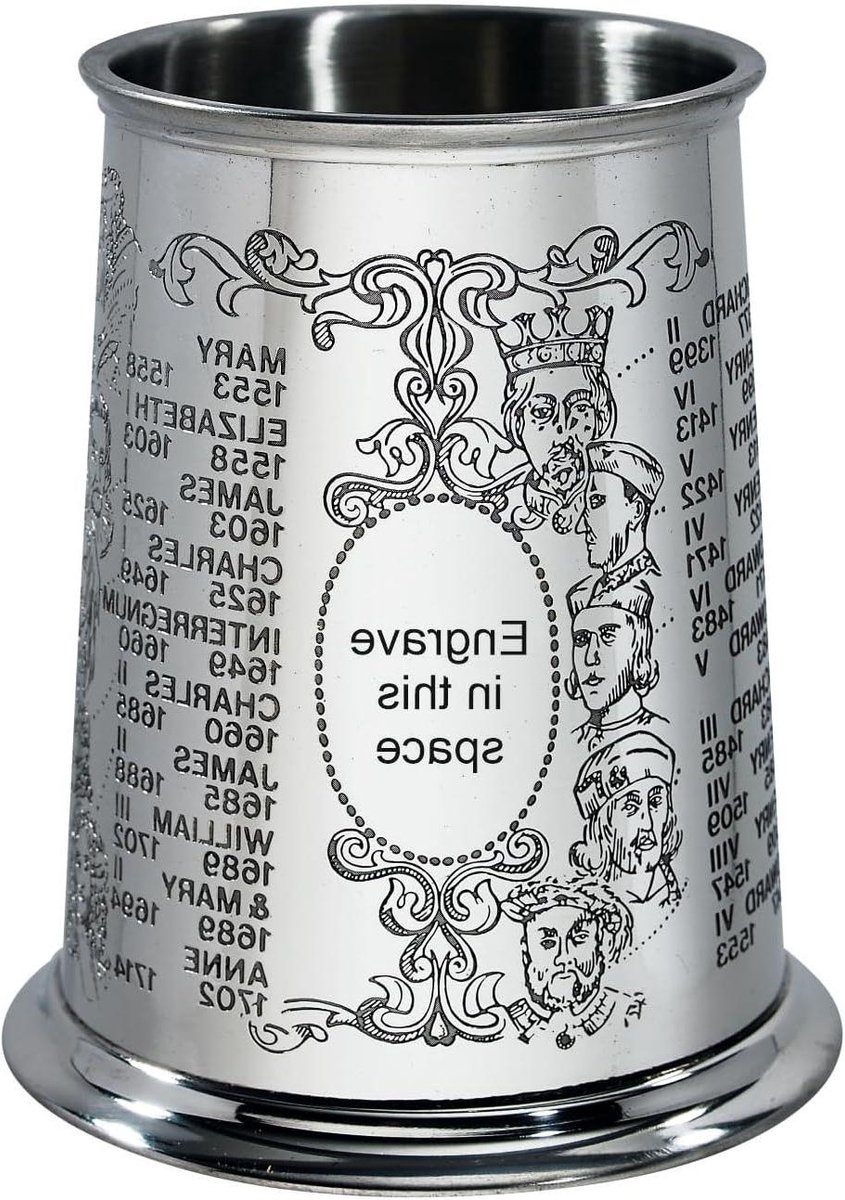 Tinnen Tankard - Bierpul Koningen - Geschiedenis Vieren - Handgemaakt Ambacht - 1 Pint - Zilver