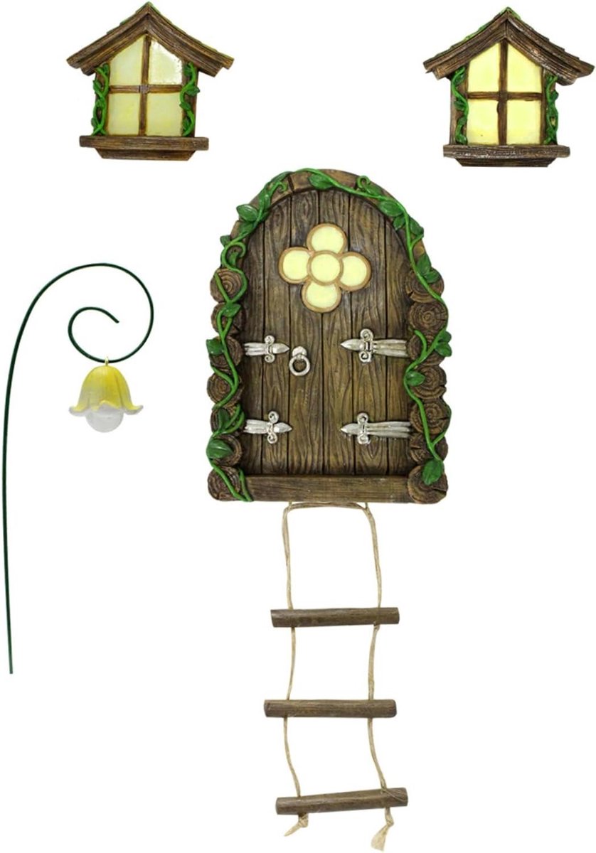 Sprookjes Deur - Mini Raam Set - Tuin Decoratie - Glow in Dark - 4 Stuks - Natuurlijk Hout