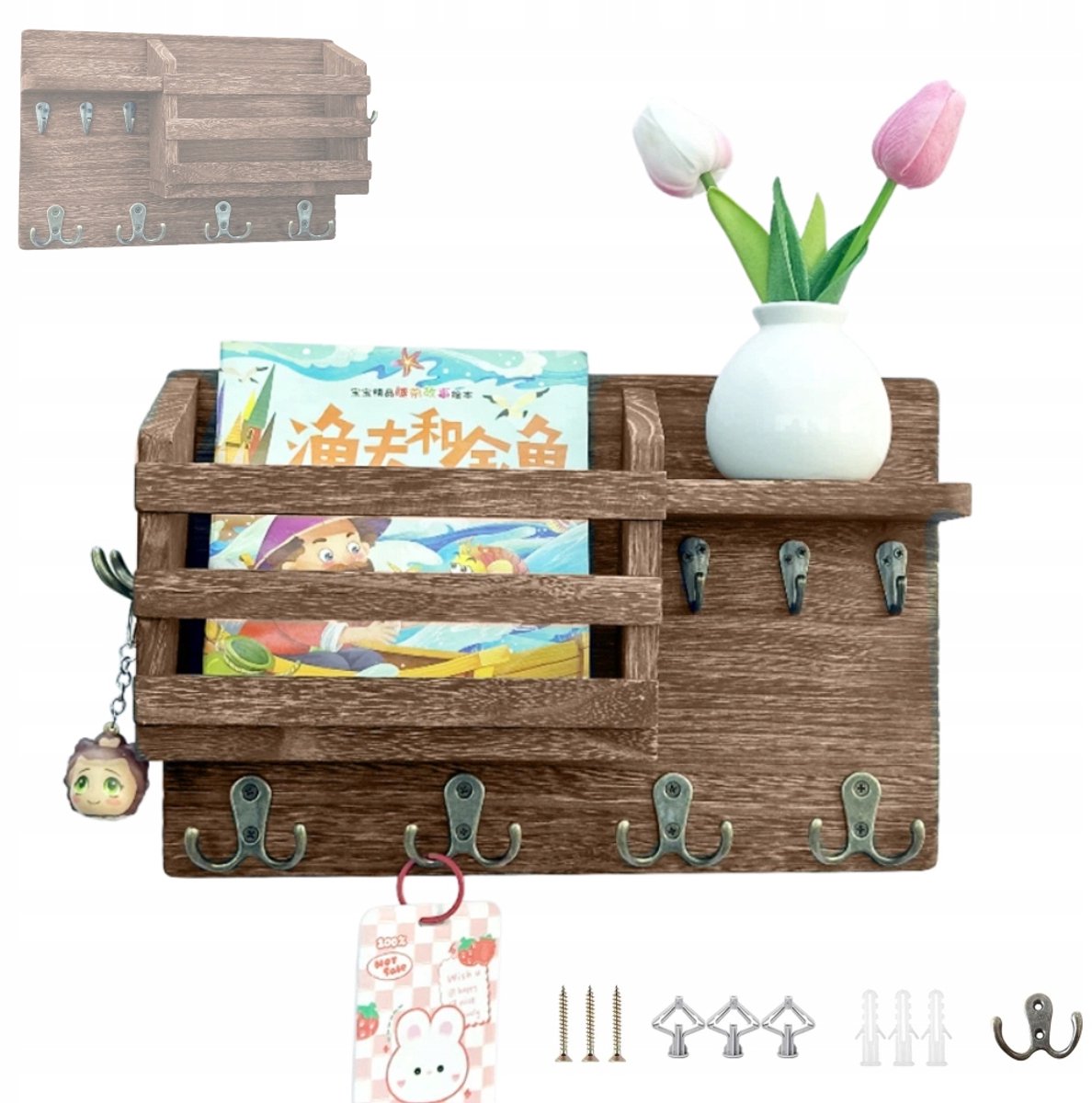 Rustieke houten wandklok met mand en haken - Nieuw