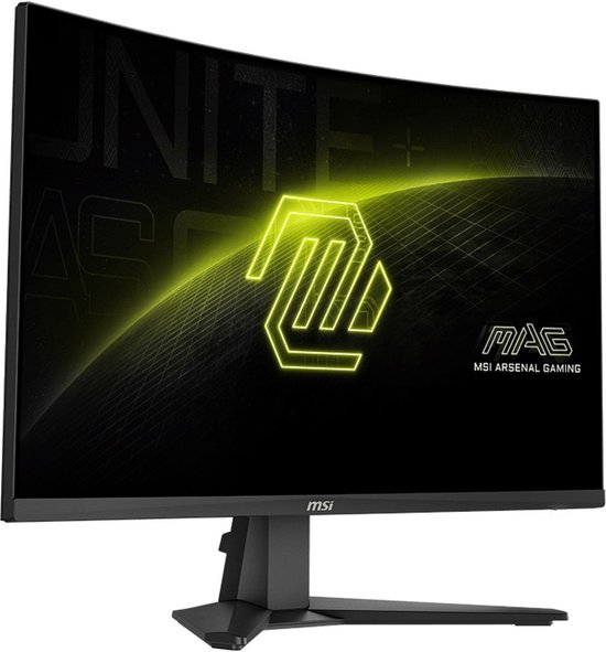Gebogen MSI gaming monitor met een geel logo en 'MAG MSI ARSENAL GAMING' tekst.