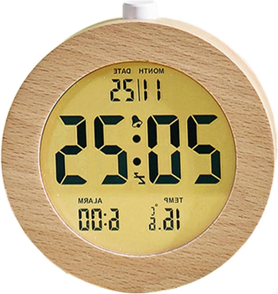 Houten wekker - Bureauklok nachtlampje - Wakker worden - Batterij aangedreven draagbaar - 10.5 cm - Houtkleur