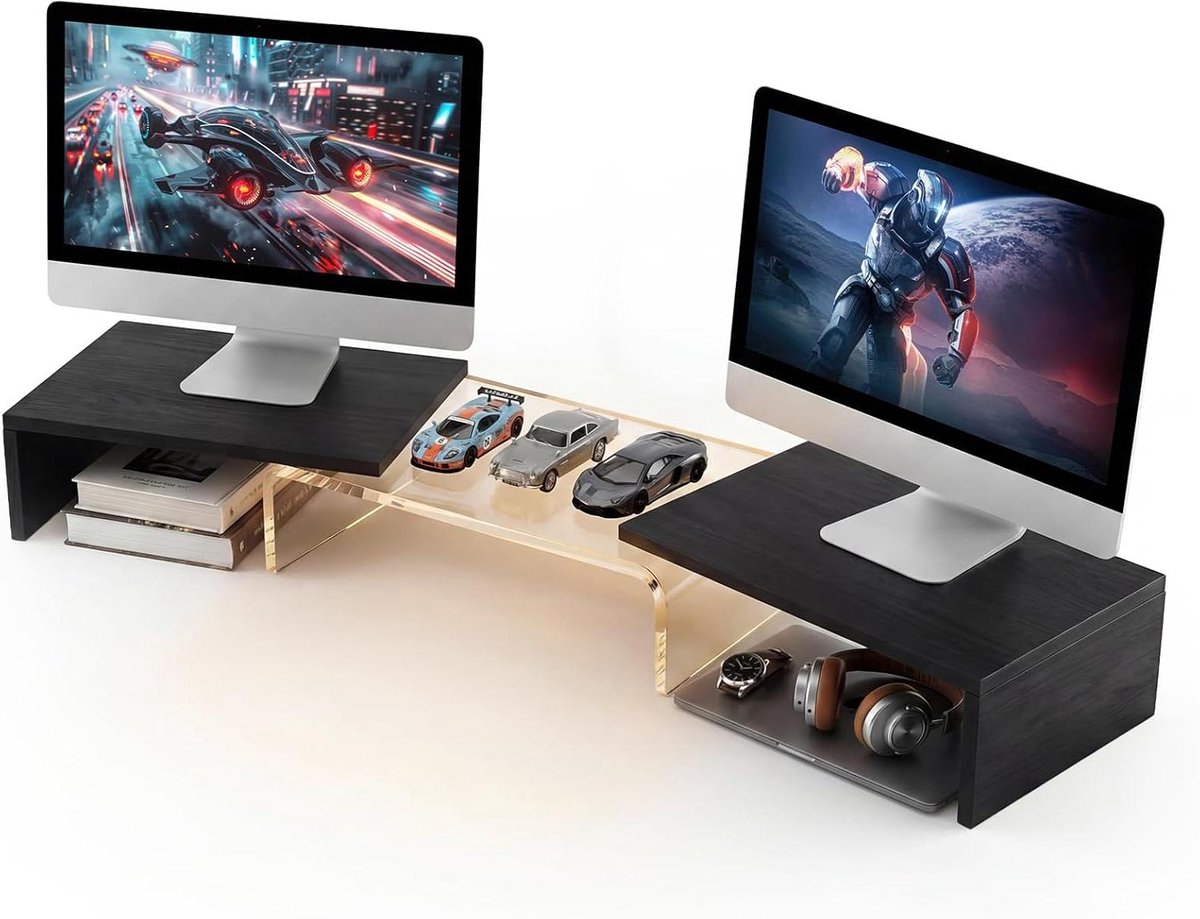 Dubbele Monitor Stand - Verhoger Bureau - Werkplek Organiseren - Stijlvol Acryl - 35CM Breed - Zwart