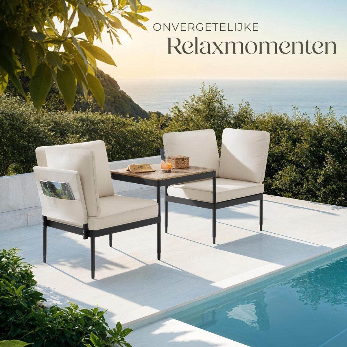 Magaluf 5-in-1 Aluminium Tuin Loungeset 2-Persoons 226x68x75 cm – Verstelbare Lounge Sofa, Tuinstoelen & Salontafel Set – Weerbestendig Balkon- en Tuinmeubel met Kussens
