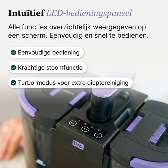 Zwarte en paarse LED-bedieningspaneel met "Pro"-logo en iconen voor stoomfunctie en turbo-modus.