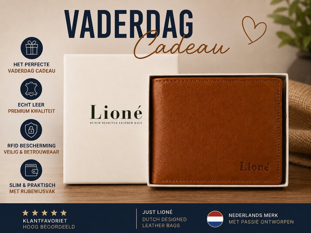 Leren Heren Portemonnee Cognac - Vaderdag Cadeau voor Vader - RFID Bescherming - Billfold met Rijbewijsvak - Just Lioné Max