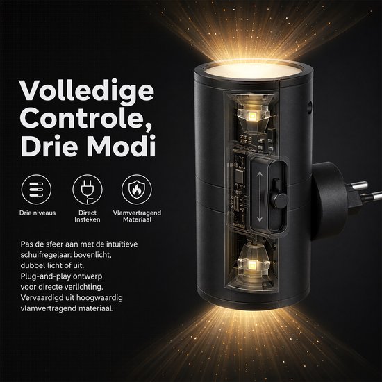 carmderin - Nachtlampje Stopcontact - 1 stuks - Stekkerlampen - Automatische Lichtsensor En Instelbare Helderheid - Volwassenen - Boven en Onder Verlichting - Dimbaar - Dag- en Nachtsensor - Stekkerspot - Zwart van Merkloos — afbeelding 3