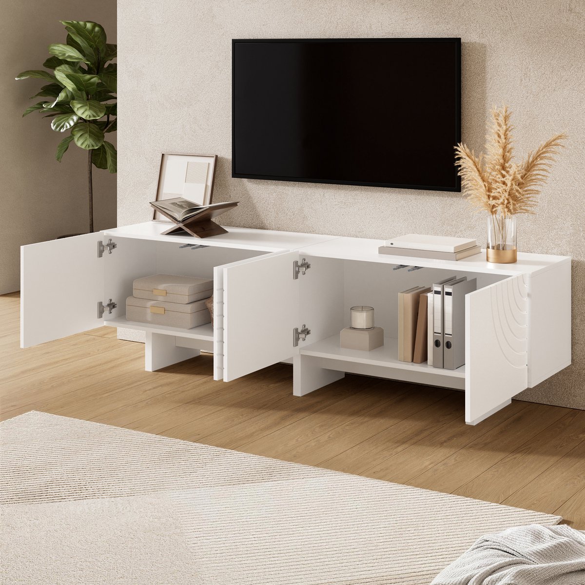 MIVRAY Tv Meubel - Met 4 Deuren En Reliëffronten - Voor Woonkamer En Slaapkamer - MDF En Spaanplaat - 170x35x50 Cm - Wit