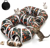 Kattenspeeltunnel met paddenstoelprint, met kittens en een konijn.