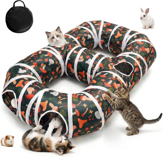 Kattenspeeltunnel met paddenstoelprint, met kittens en een konijn.