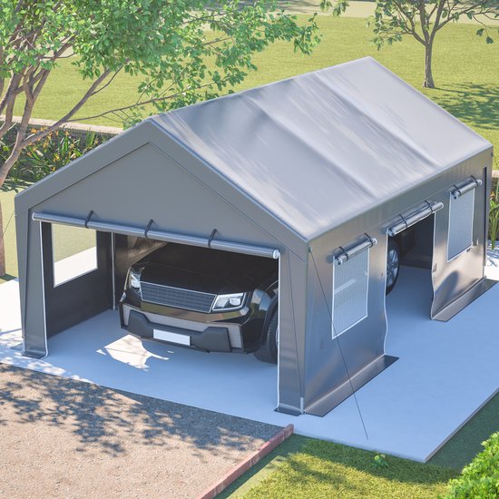 6x4x3 meter weerbestendige tentgarage, waterdichte zijwanden, rolluikdeur, UV-bestendig, met ramen, voor auto en tuinopslag, grijs.