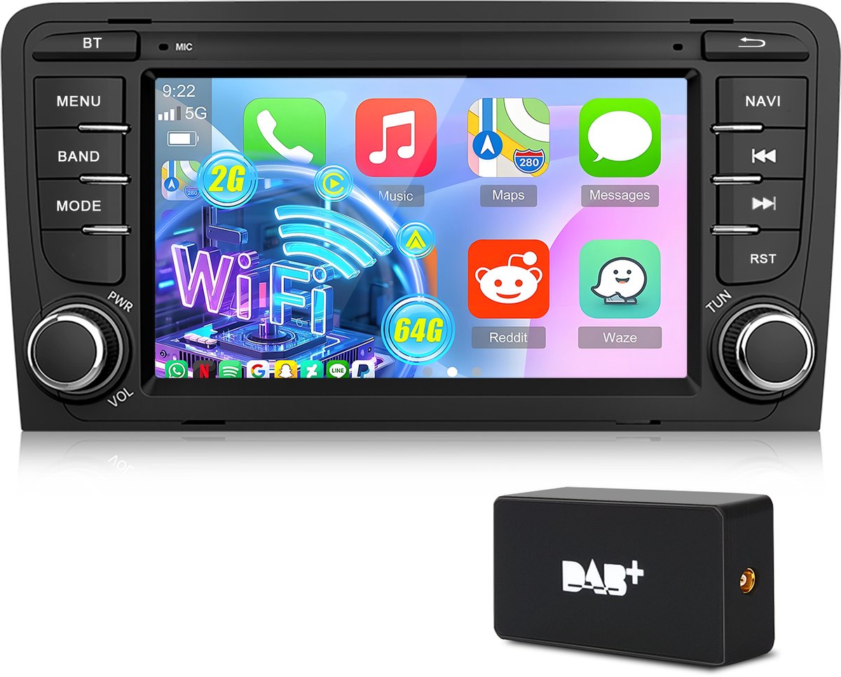 Hexinex Autoradio - Geschikt Voor Audi A3 8P 2003 t/m 2012 - 2GB+64GB - Draadloos Carplay Android Auto - DAB+