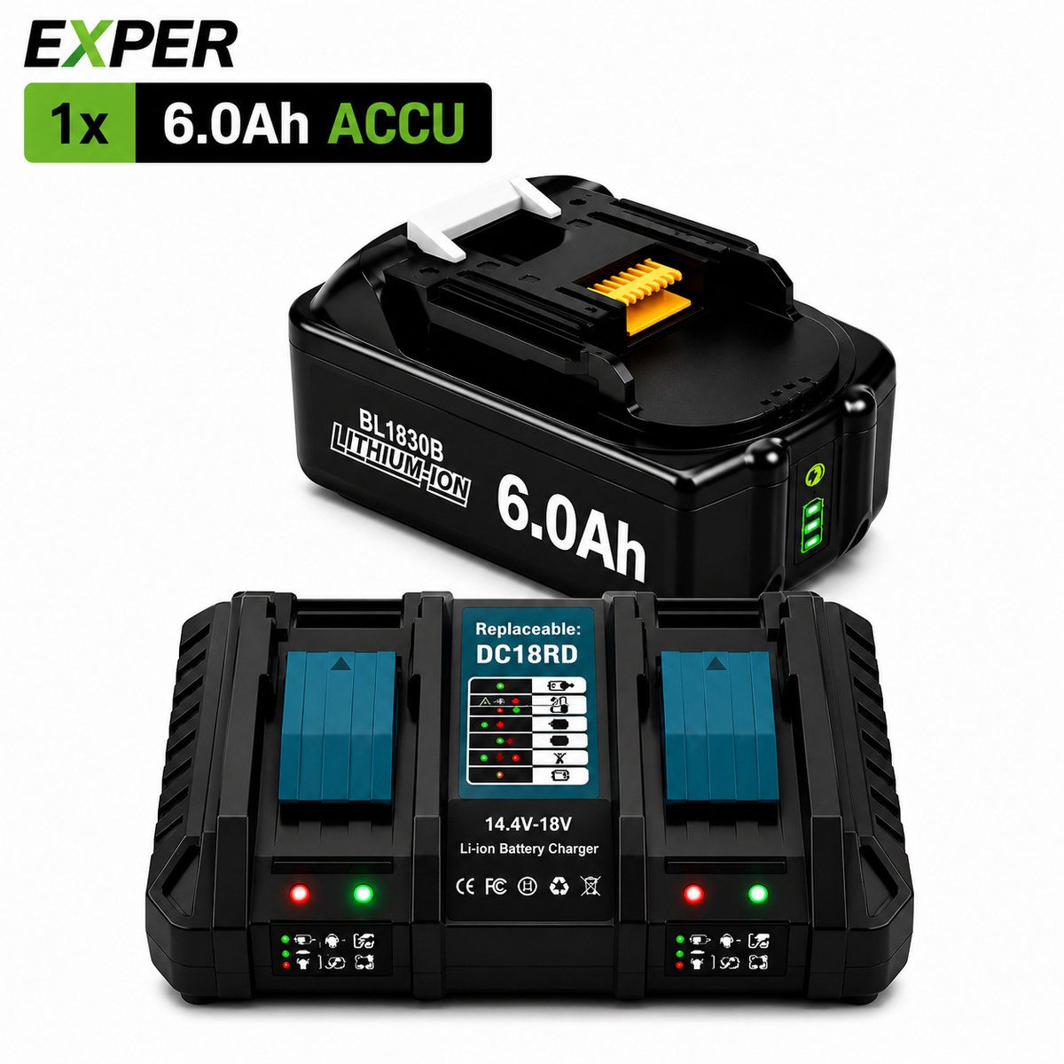 EXPER 18V Accu geschikt voor Makita -1 Stuk - Extra Duo snellader LXT DC18RD - 18V 6.0Ah Batterij - Vervangende Accu - 6000mAh - LED display - Li-ion Accu - LED Display - Accuboormachine - 18V BL1830B BL1860B BL1840B BL1815 LXT-400 BL1850B